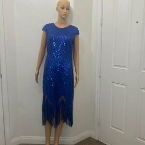 Fundaisey Womans Blue Sequine Dress Scoop Neck Short Sleeve Fringe Zipper Lined
